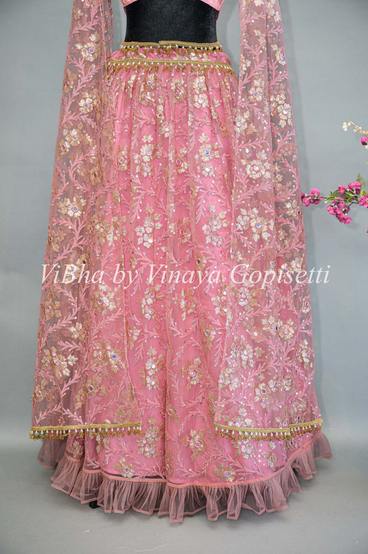 Pink Net Embroidered Lehenga With Cape Dupatta