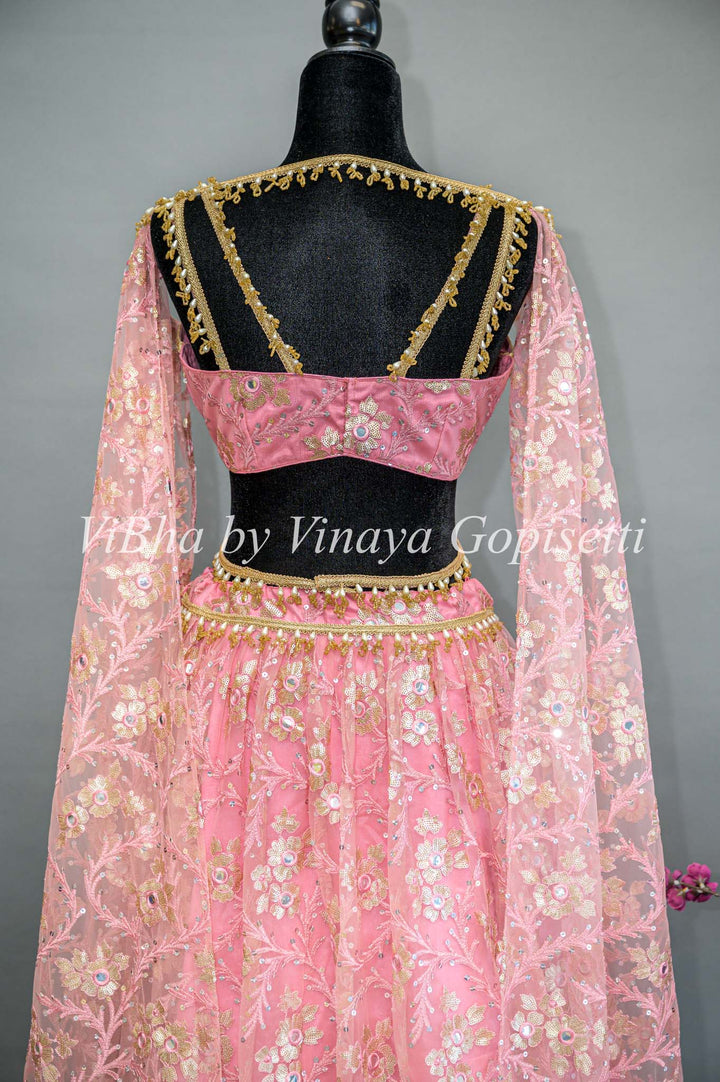 Pink Net Embroidered Lehenga With Cape Dupatta