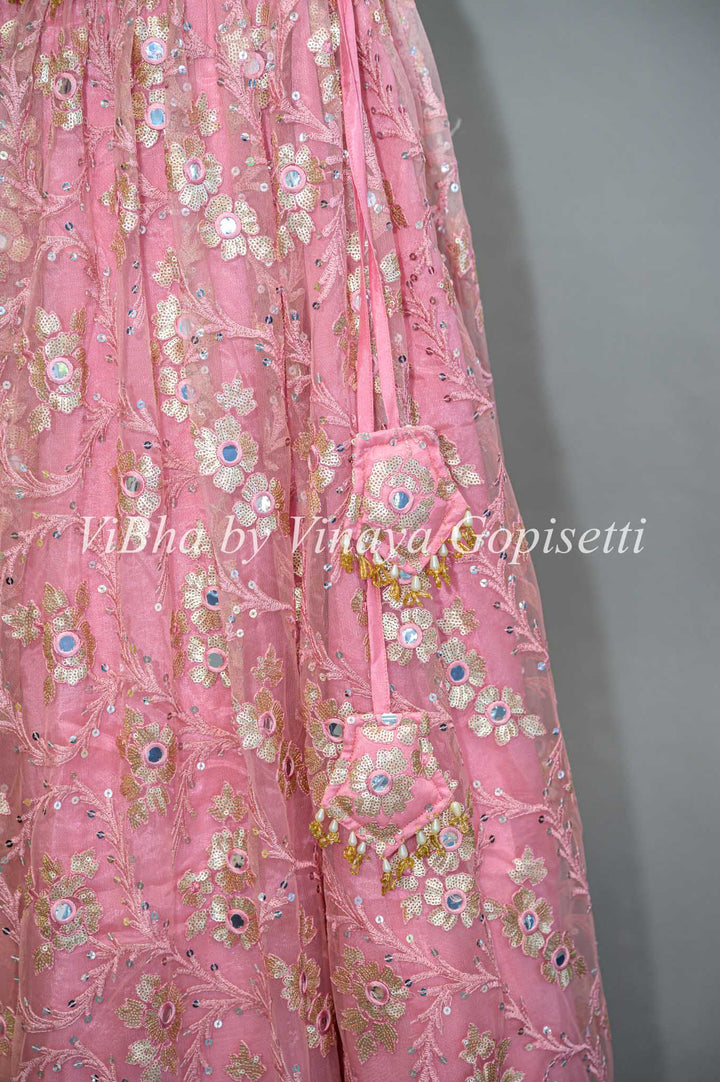 Pink Net Embroidered Lehenga With Cape Dupatta