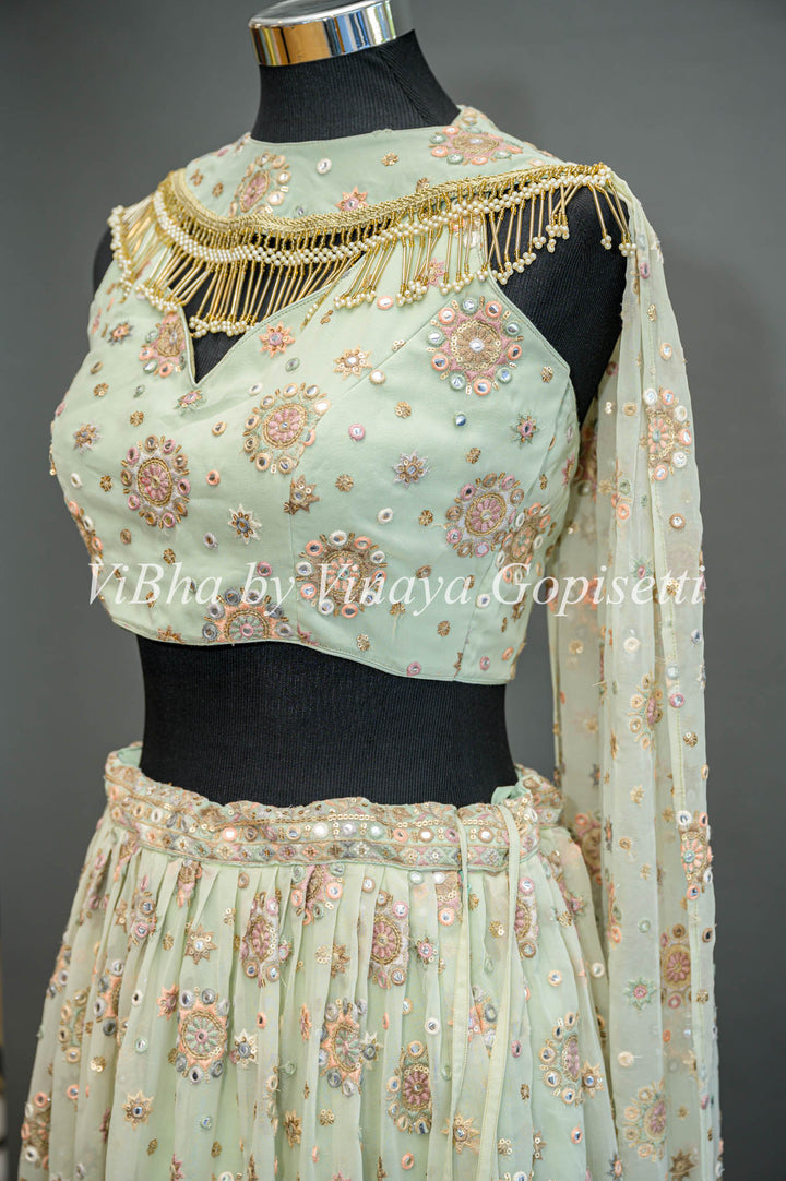 Pastel Green Embroidered Lehenga With Choker Dupatta