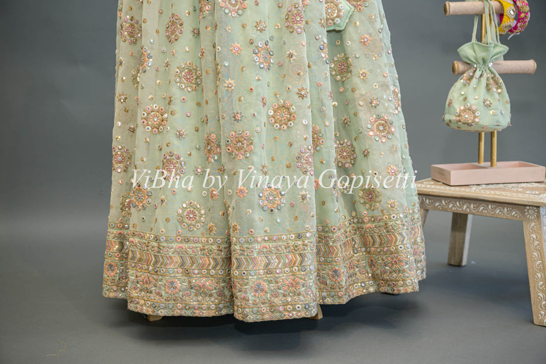 Pastel Green Embroidered Lehenga With Choker Dupatta