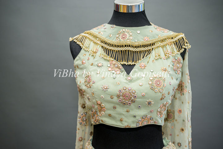 Pastel Green Embroidered Lehenga With Choker Dupatta