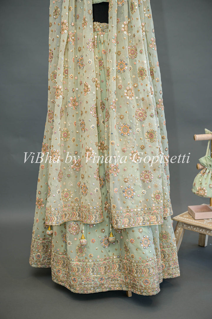 Pastel Green Embroidered Lehenga With Choker Dupatta