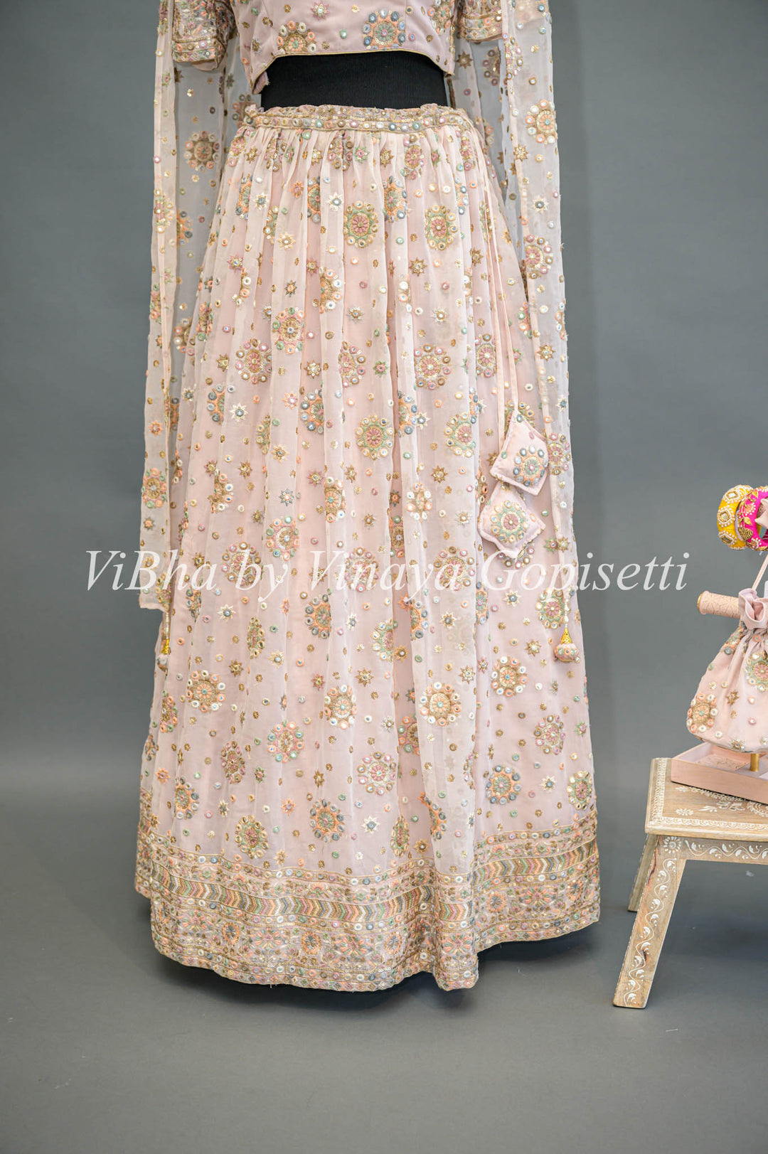 Pastel Peach Embroidered Lehenga With Choker Dupatta