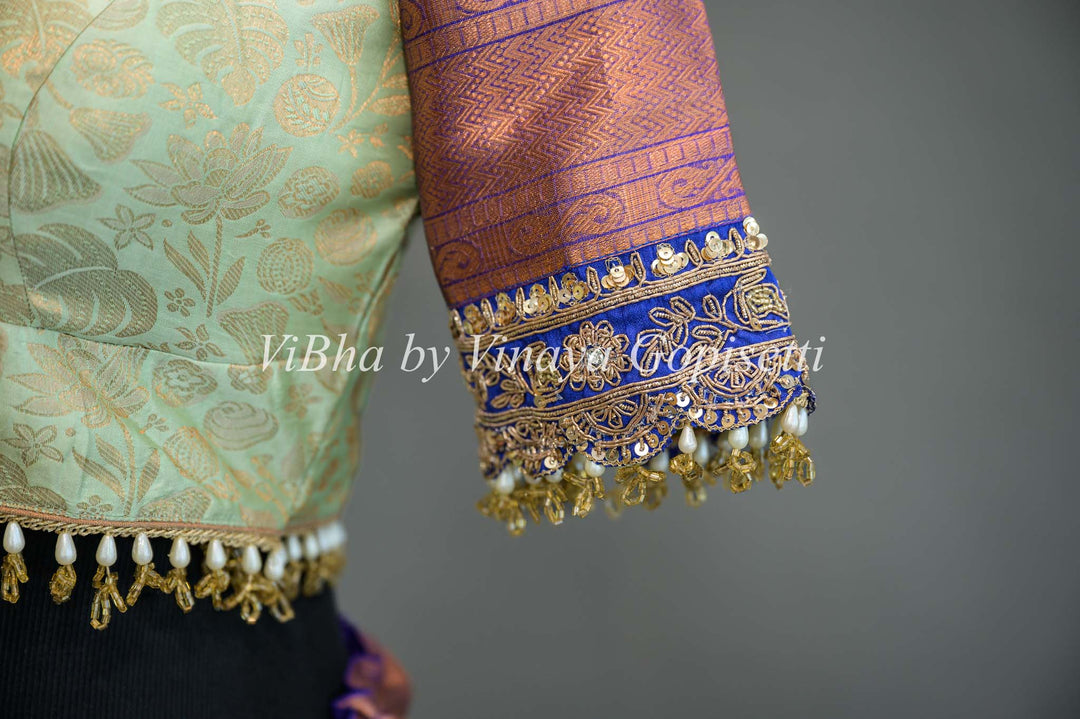 Mint and Purple Kanchi Silk Lehenga With Embroidered Borders And Blue Kanchi Silk Dupatta