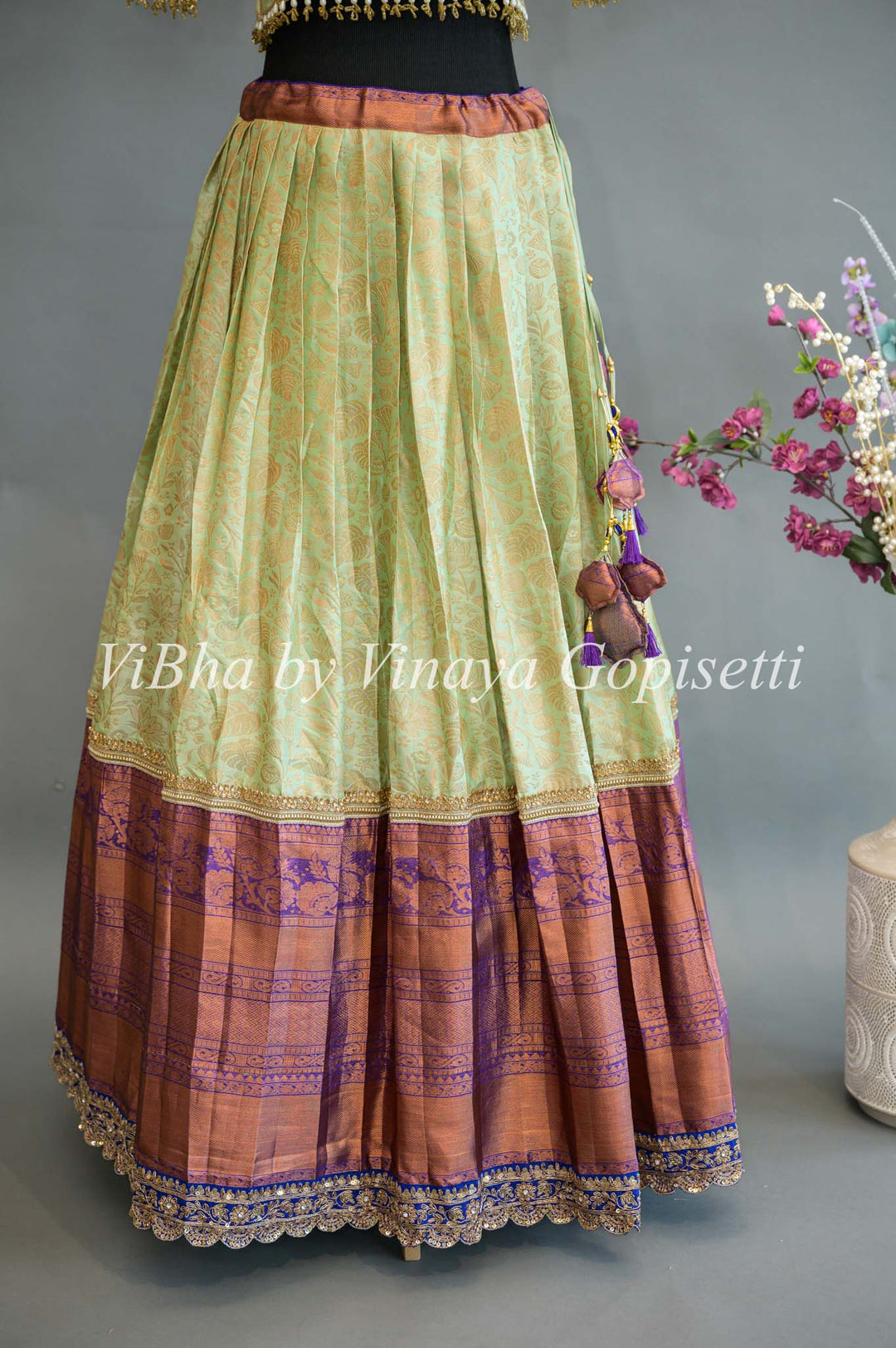 Mint and Purple Kanchi Silk Lehenga With Embroidered Borders And Blue Kanchi Silk Dupatta