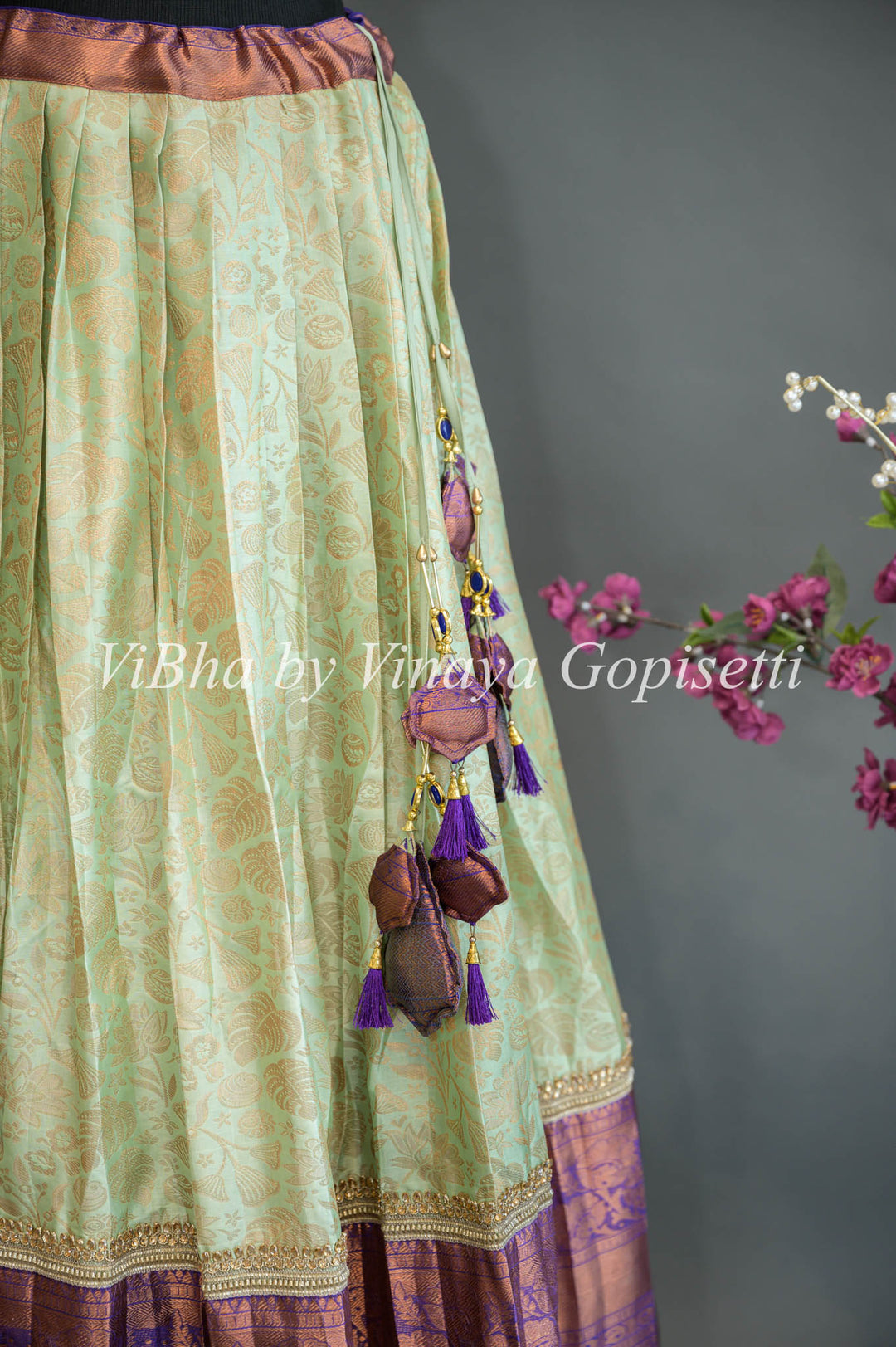 Mint and Purple Kanchi Silk Lehenga With Embroidered Borders And Blue Kanchi Silk Dupatta