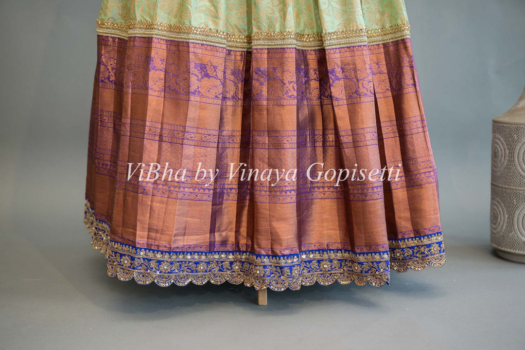 Mint and Purple Kanchi Silk Lehenga With Embroidered Borders And Blue Kanchi Silk Dupatta