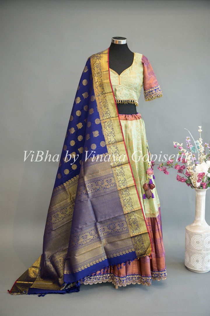 Mint and Purple Kanchi Silk Lehenga With Embroidered Borders And Blue Kanchi Silk Dupatta