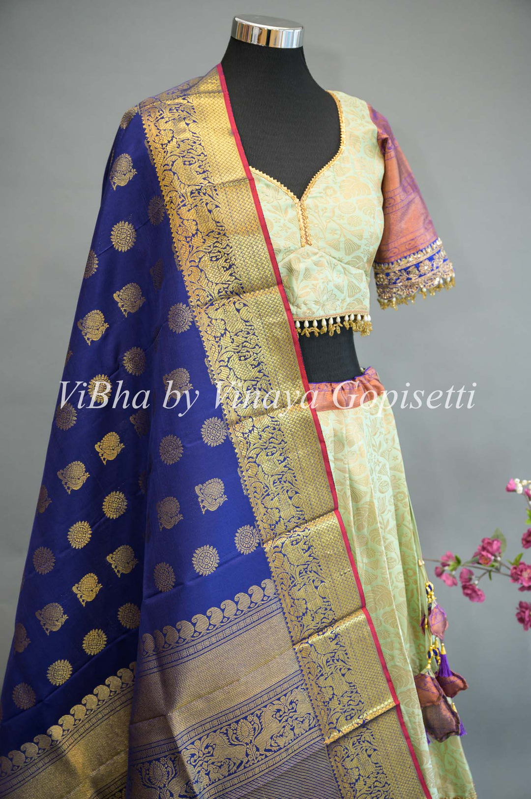 Mint and Purple Kanchi Silk Lehenga With Embroidered Borders And Blue Kanchi Silk Dupatta