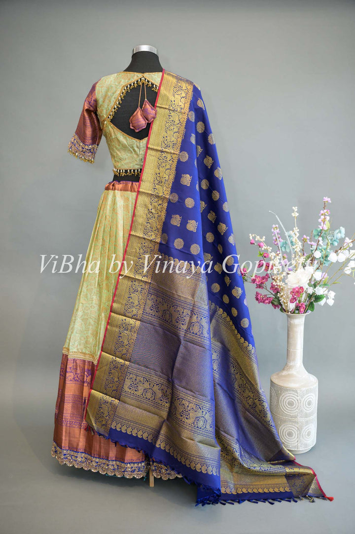 Mint and Purple Kanchi Silk Lehenga With Embroidered Borders And Blue Kanchi Silk Dupatta