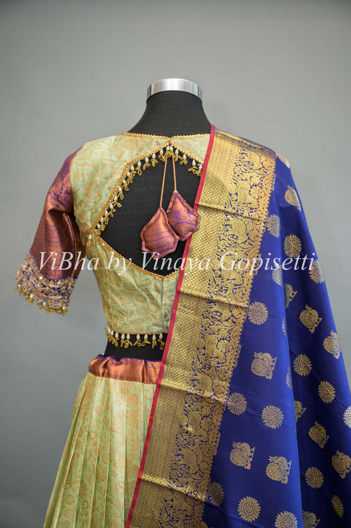 Mint and Purple Kanchi Silk Lehenga With Embroidered Borders And Blue Kanchi Silk Dupatta