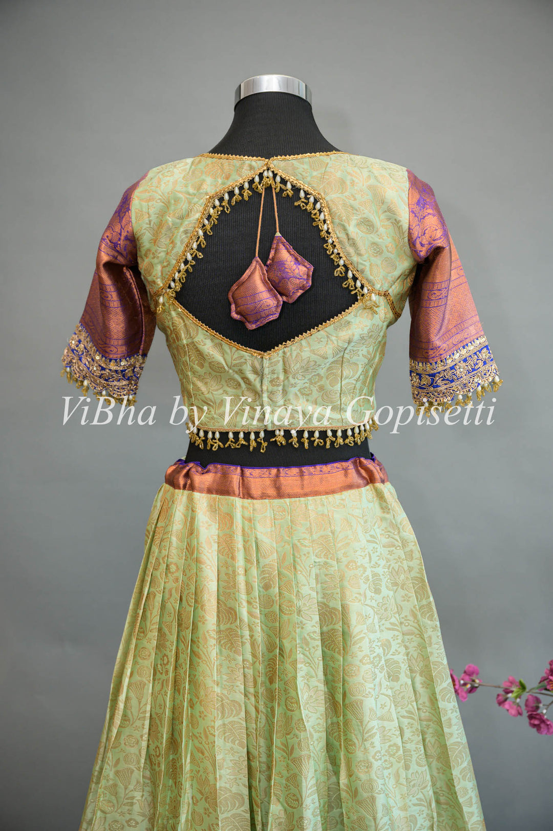 Mint and Purple Kanchi Silk Lehenga With Embroidered Borders And Blue Kanchi Silk Dupatta