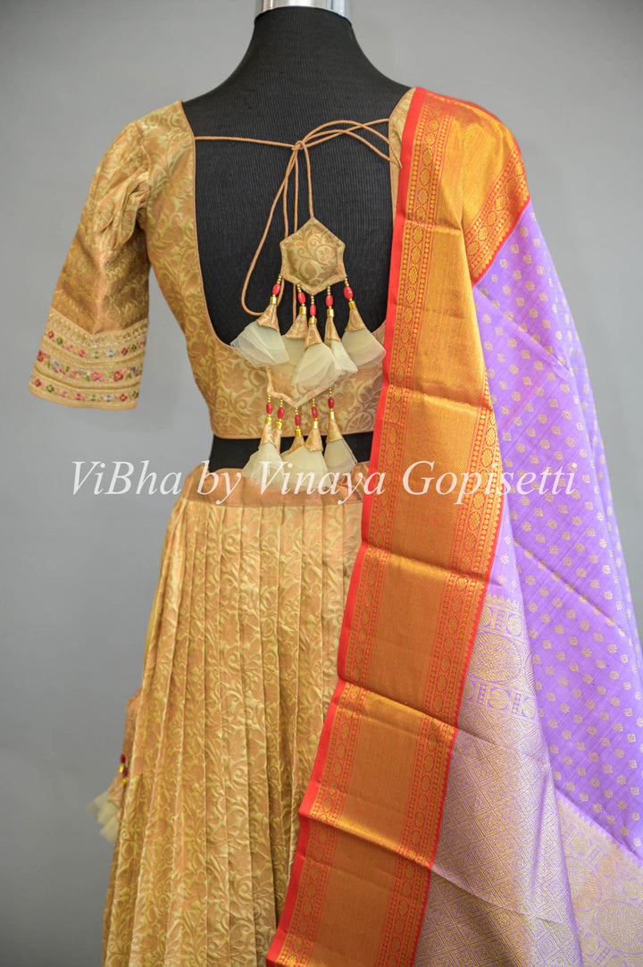 Pastel Green Copper Zari Kanchi Silk Lehenga With Embroidered Borders And Purple Kanchi Silk Dupatta