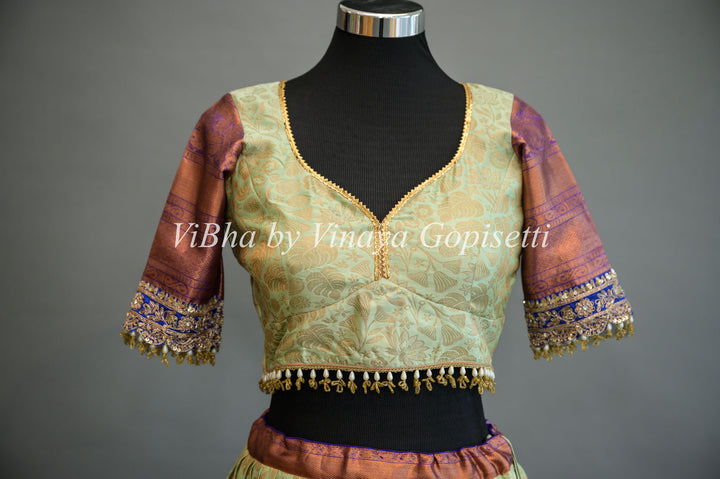 Mint and Purple Kanchi Silk Lehenga With Embroidered Borders And Blue Kanchi Silk Dupatta