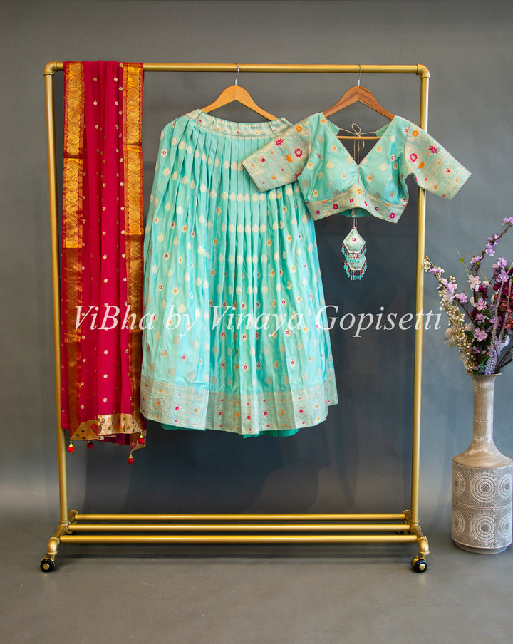 Aqua and Pink Banarasi Silk Lehenga