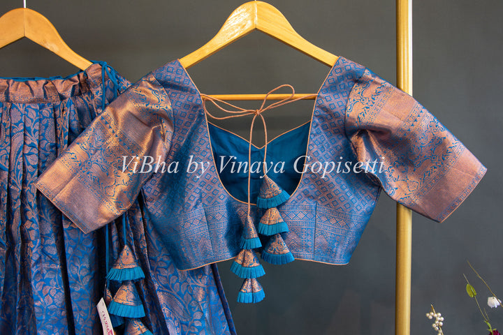 Azure Blue And White Kanchi Silk Copper Zari Lehenga Set