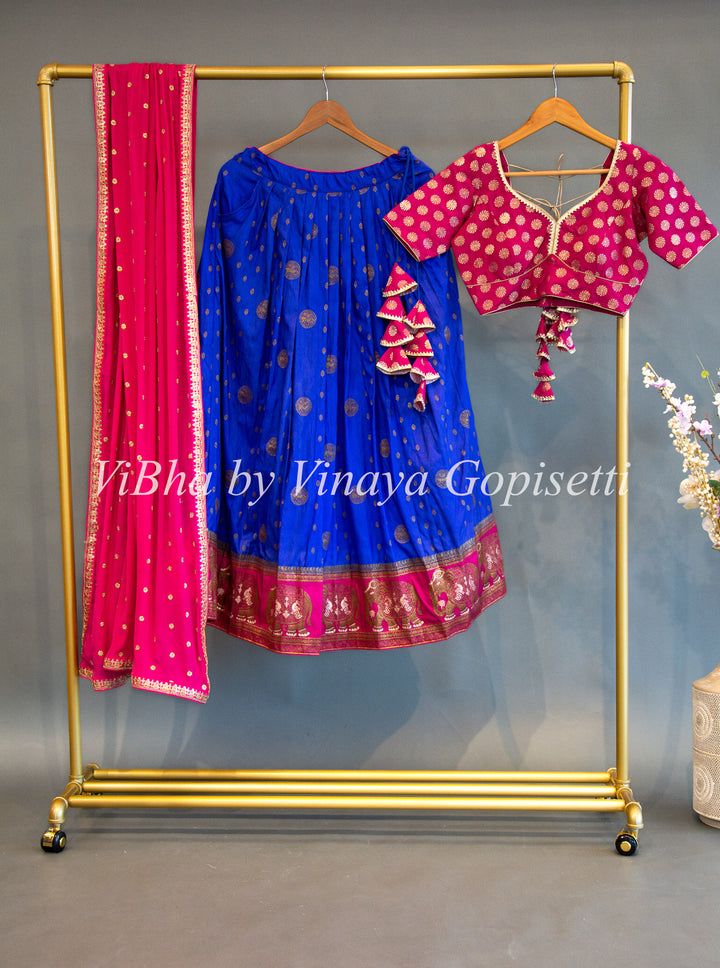 Royal Blue And Pink Banarasi Silk Lehenga Set