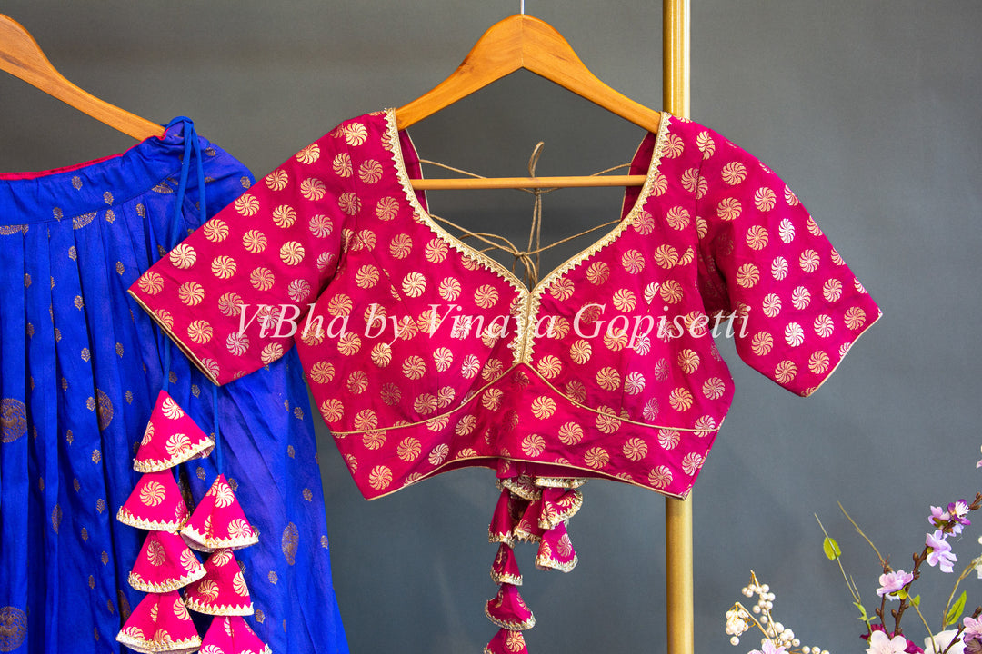 Royal Blue And Pink Banarasi Silk Lehenga Set