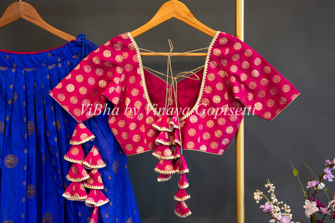 Royal Blue And Pink Banarasi Silk Lehenga Set