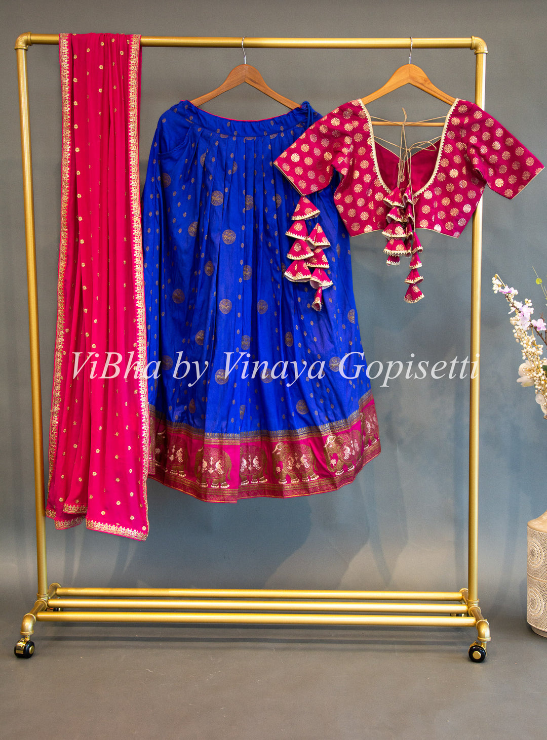 Royal Blue And Pink Banarasi Silk Lehenga Set