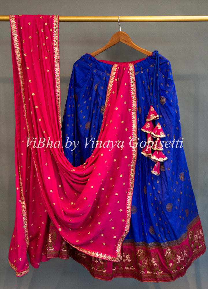 Royal Blue And Pink Banarasi Silk Lehenga Set