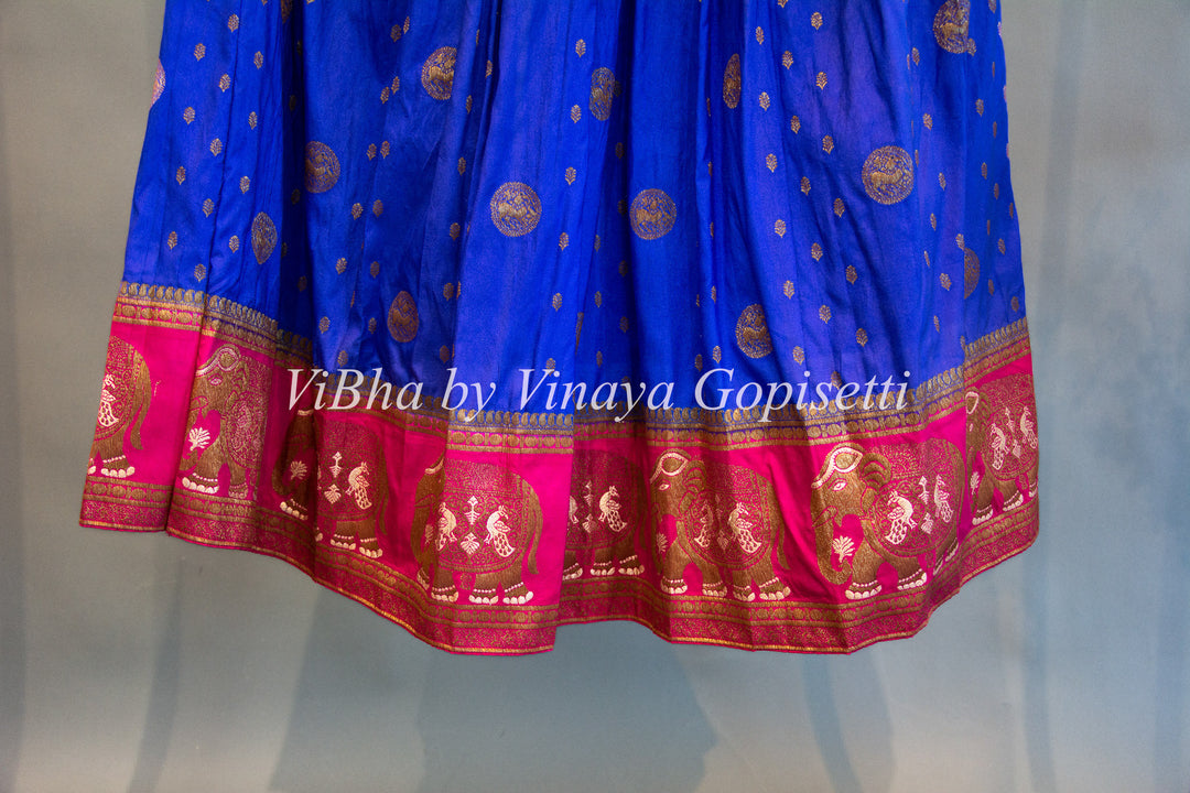 Royal Blue And Pink Banarasi Silk Lehenga Set