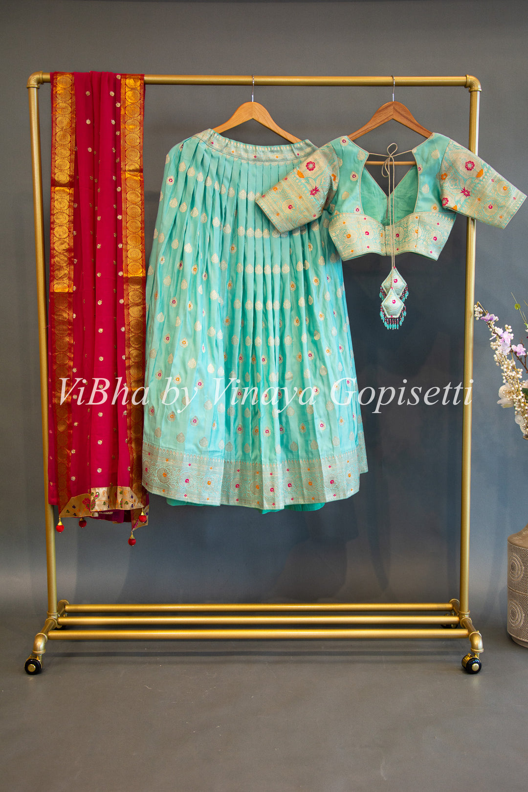 Aqua and Pink Banarasi Silk Lehenga