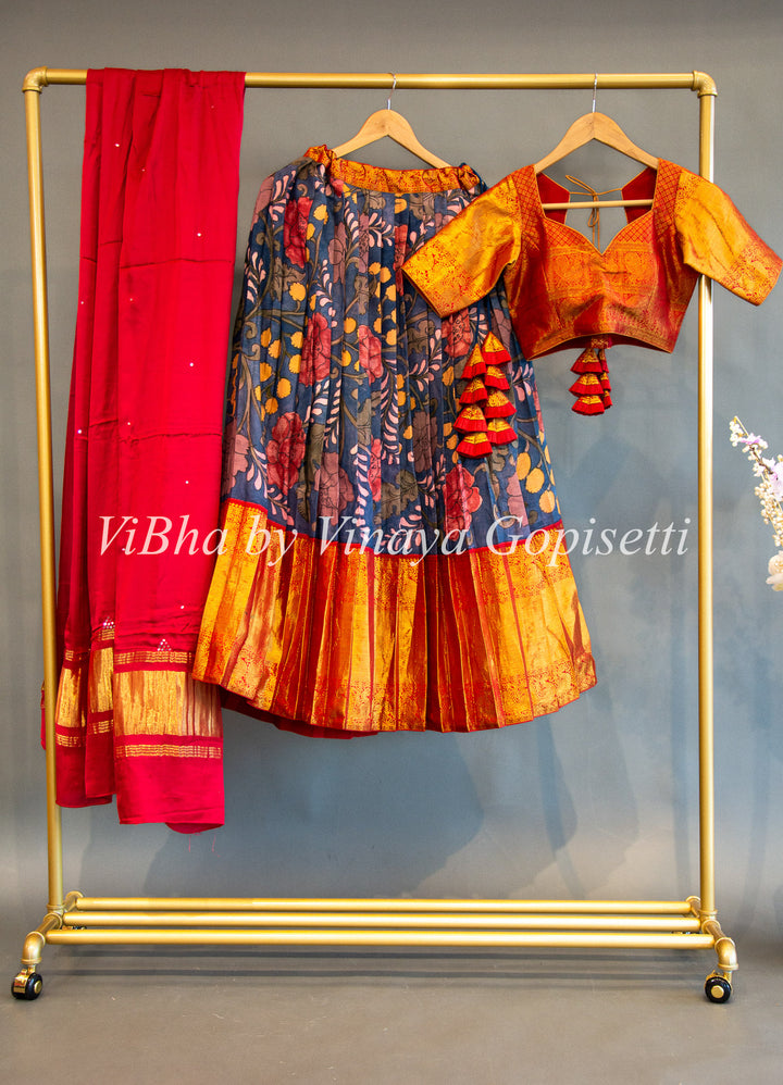 Indigo And Red Pen Kalamkari Kanchi Silk Lehenga Set