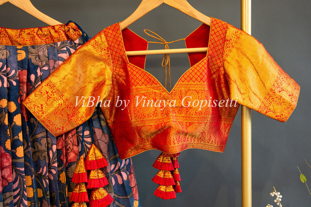 Indigo And Red Pen Kalamkari Kanchi Silk Lehenga Set