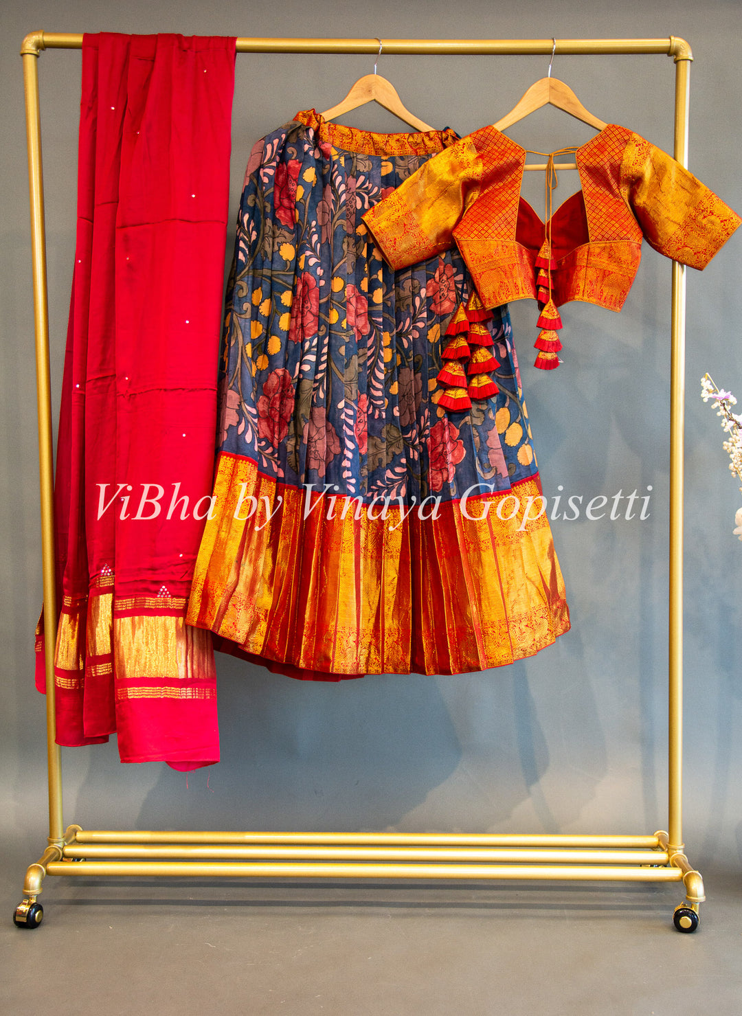 Indigo And Red Pen Kalamkari Kanchi Silk Lehenga Set