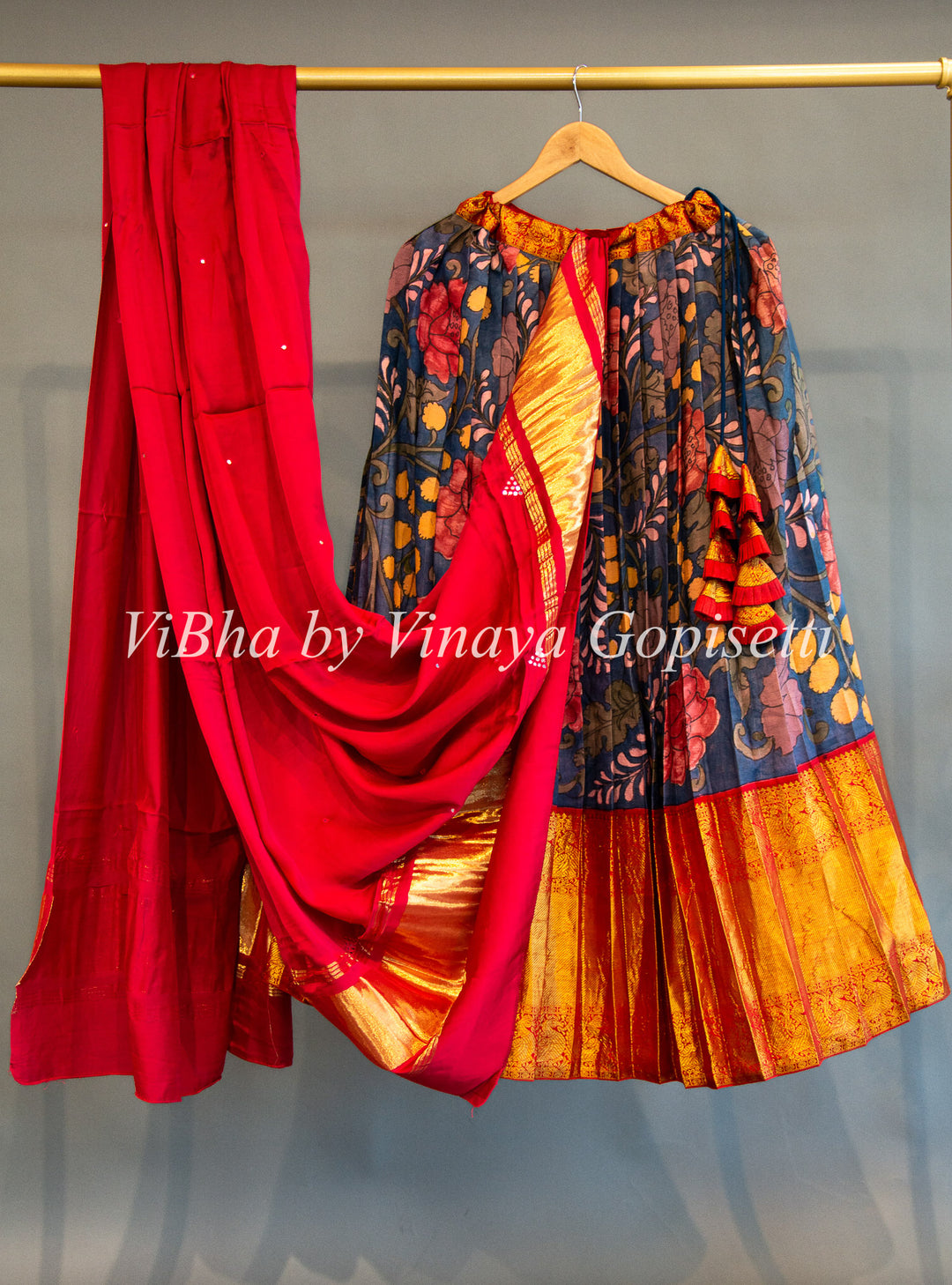 Indigo And Red Pen Kalamkari Kanchi Silk Lehenga Set