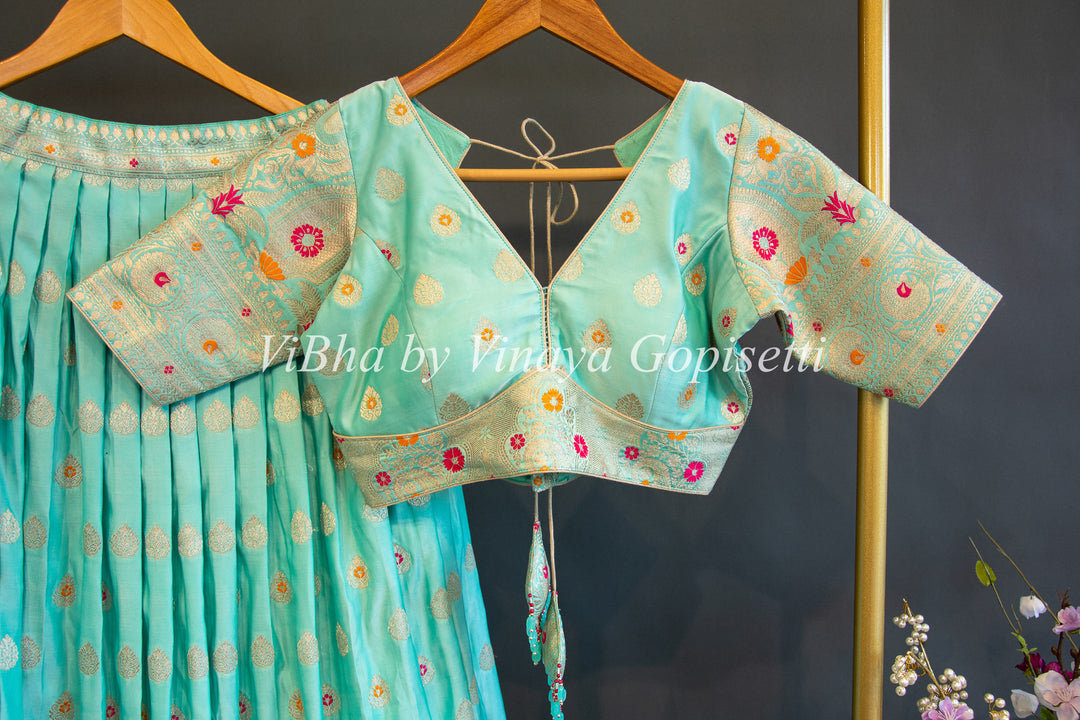 Aqua and Pink Banarasi Silk Lehenga