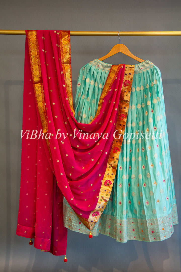 Aqua and Pink Banarasi Silk Lehenga