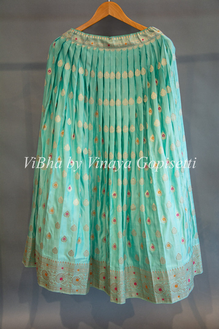 Aqua and Pink Banarasi Silk Lehenga