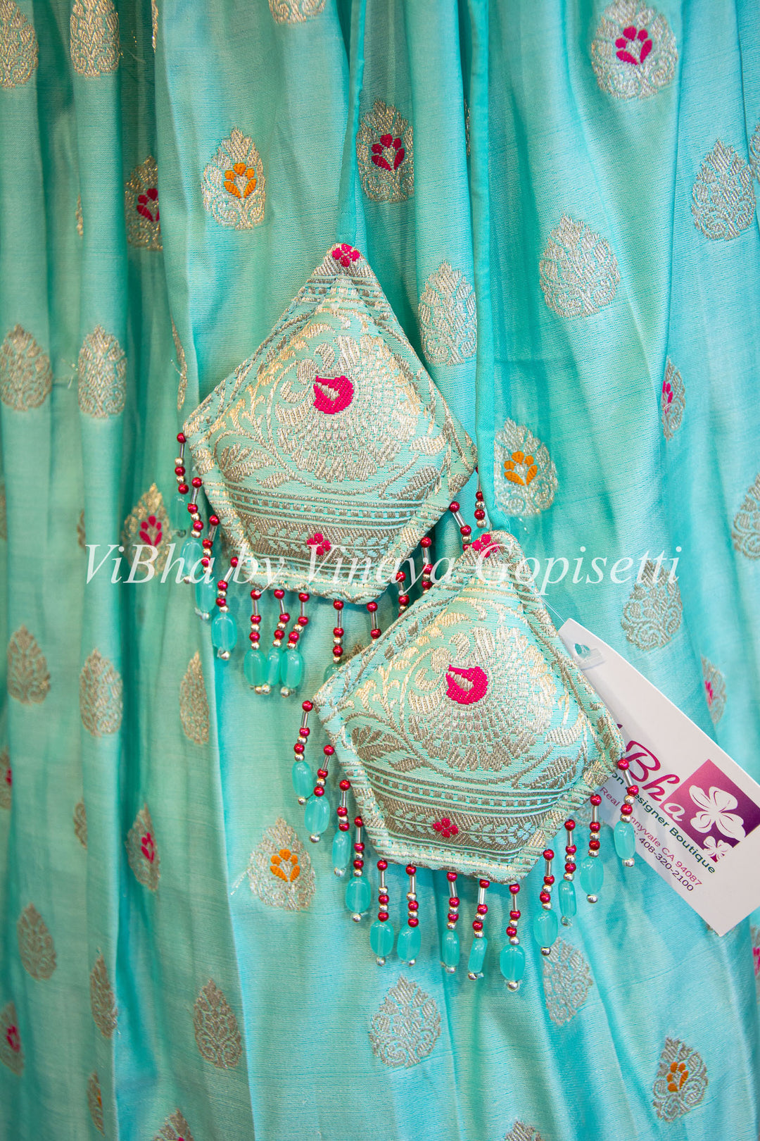 Aqua and Pink Banarasi Silk Lehenga