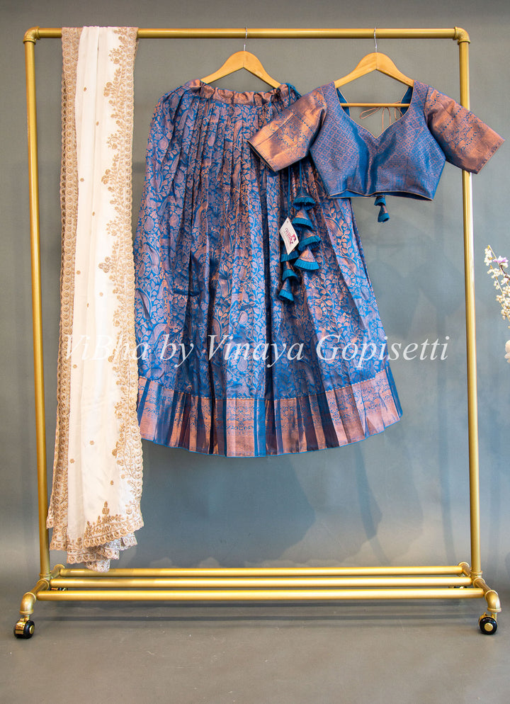 Azure Blue And White Kanchi Silk Copper Zari Lehenga Set