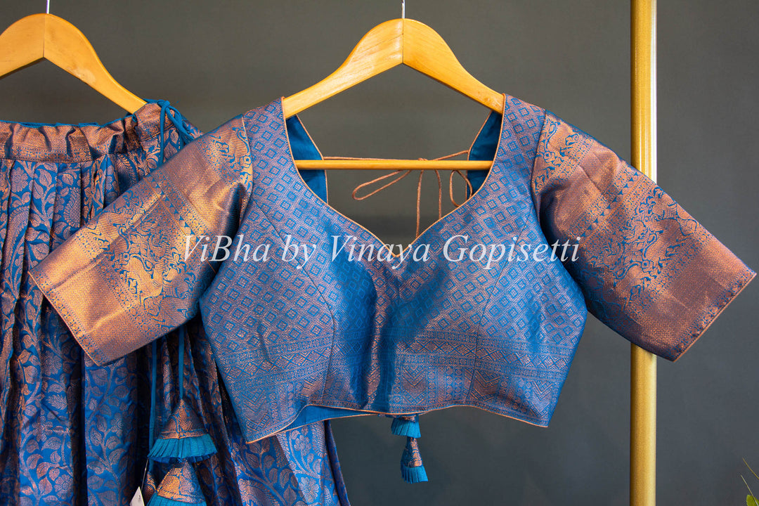 Azure Blue And White Kanchi Silk Copper Zari Lehenga Set