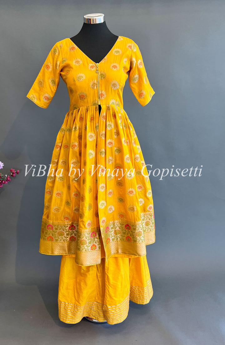 Yellow Benares Silk Front Slit Style Palazzo Set With Dupatta