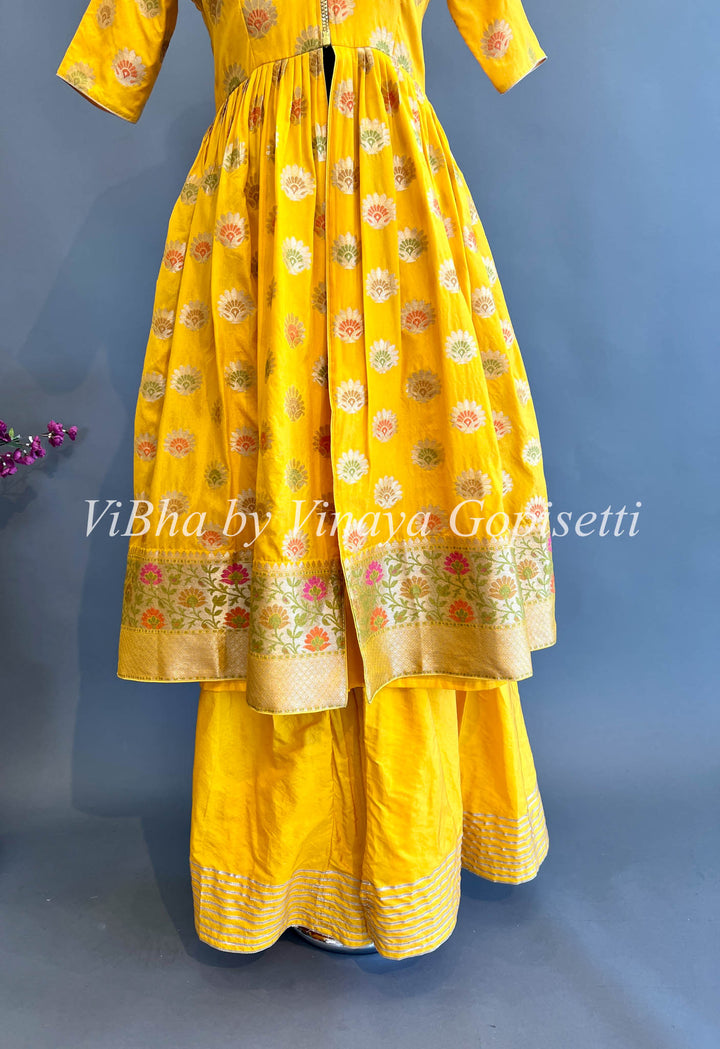 Yellow Benares Silk Front Slit Style Palazzo Set With Dupatta