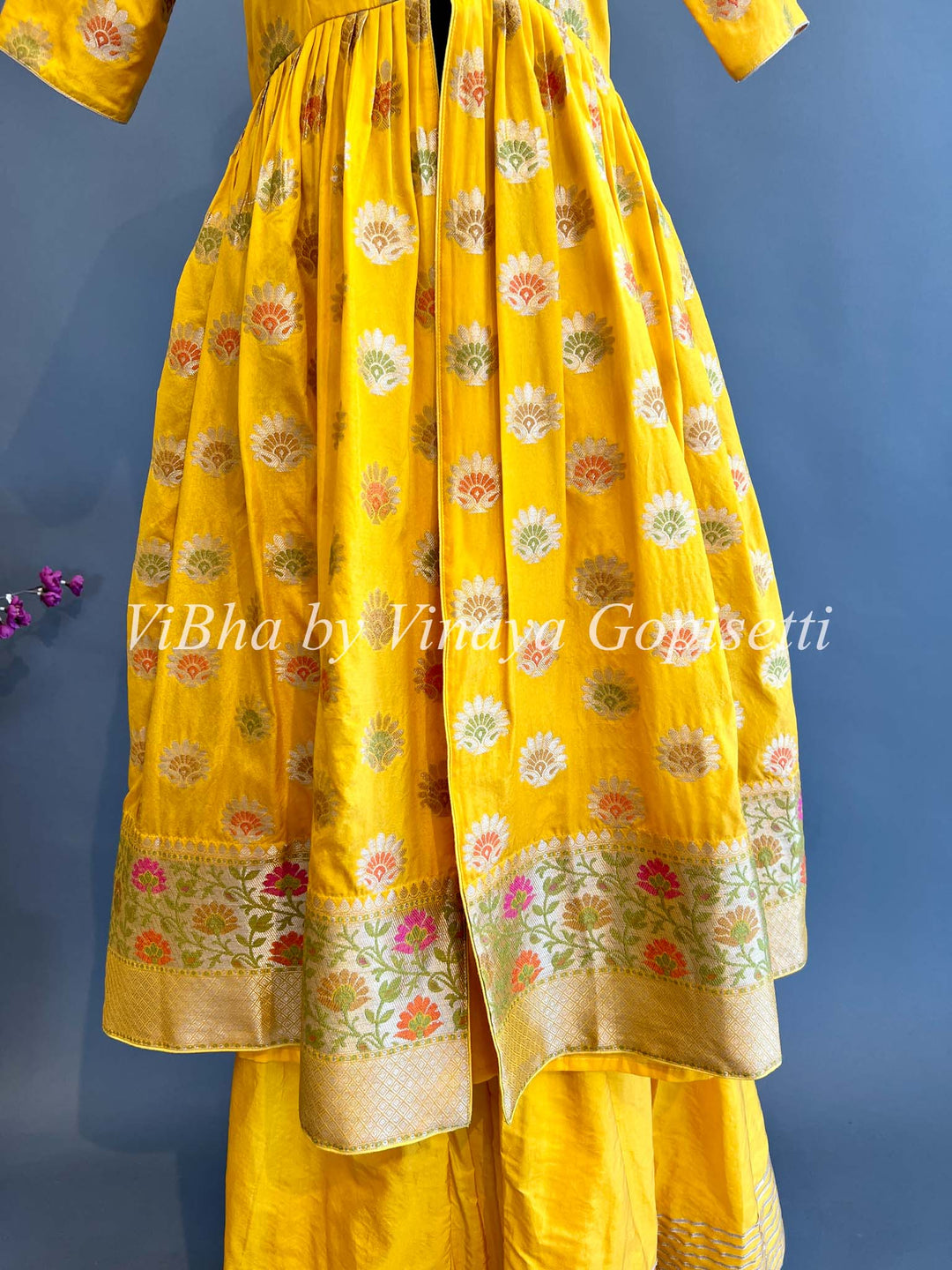 Yellow Benares Silk Front Slit Style Palazzo Set With Dupatta