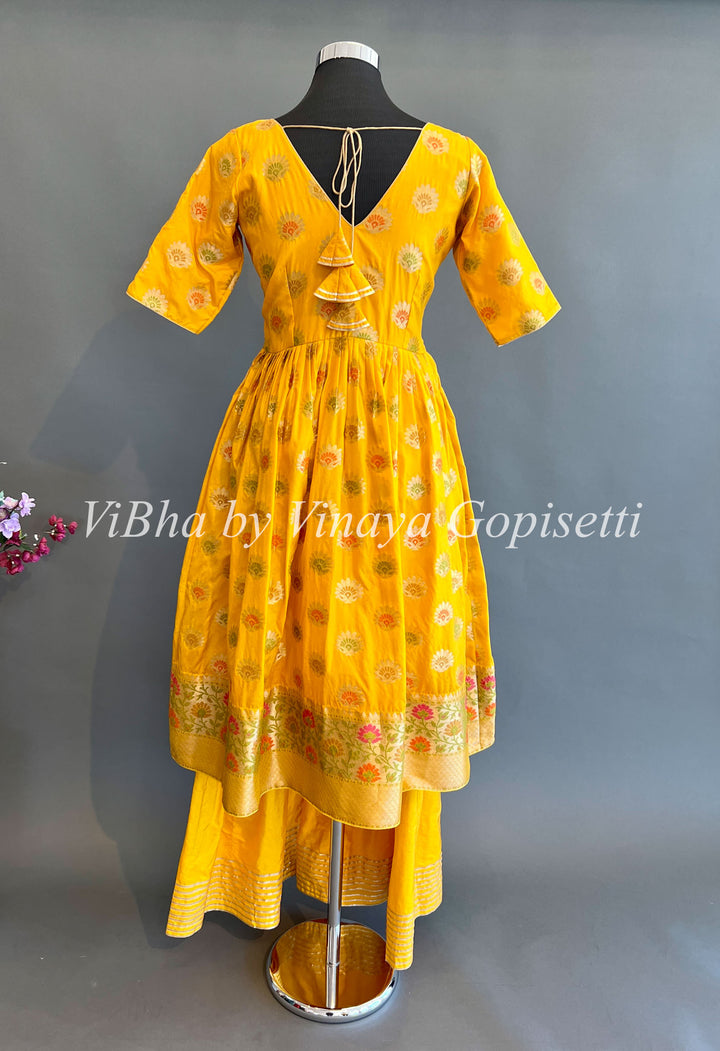 Yellow Benares Silk Front Slit Style Palazzo Set With Dupatta