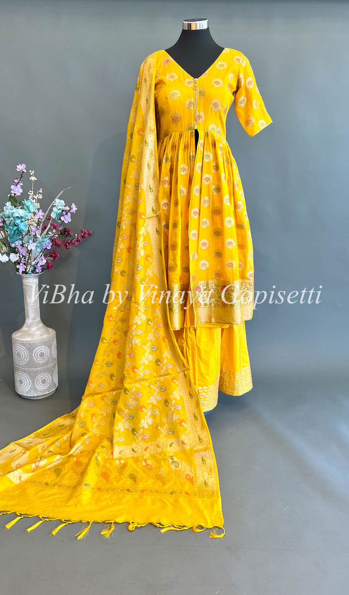 Yellow Benares Silk Front Slit Style Palazzo Set With Dupatta