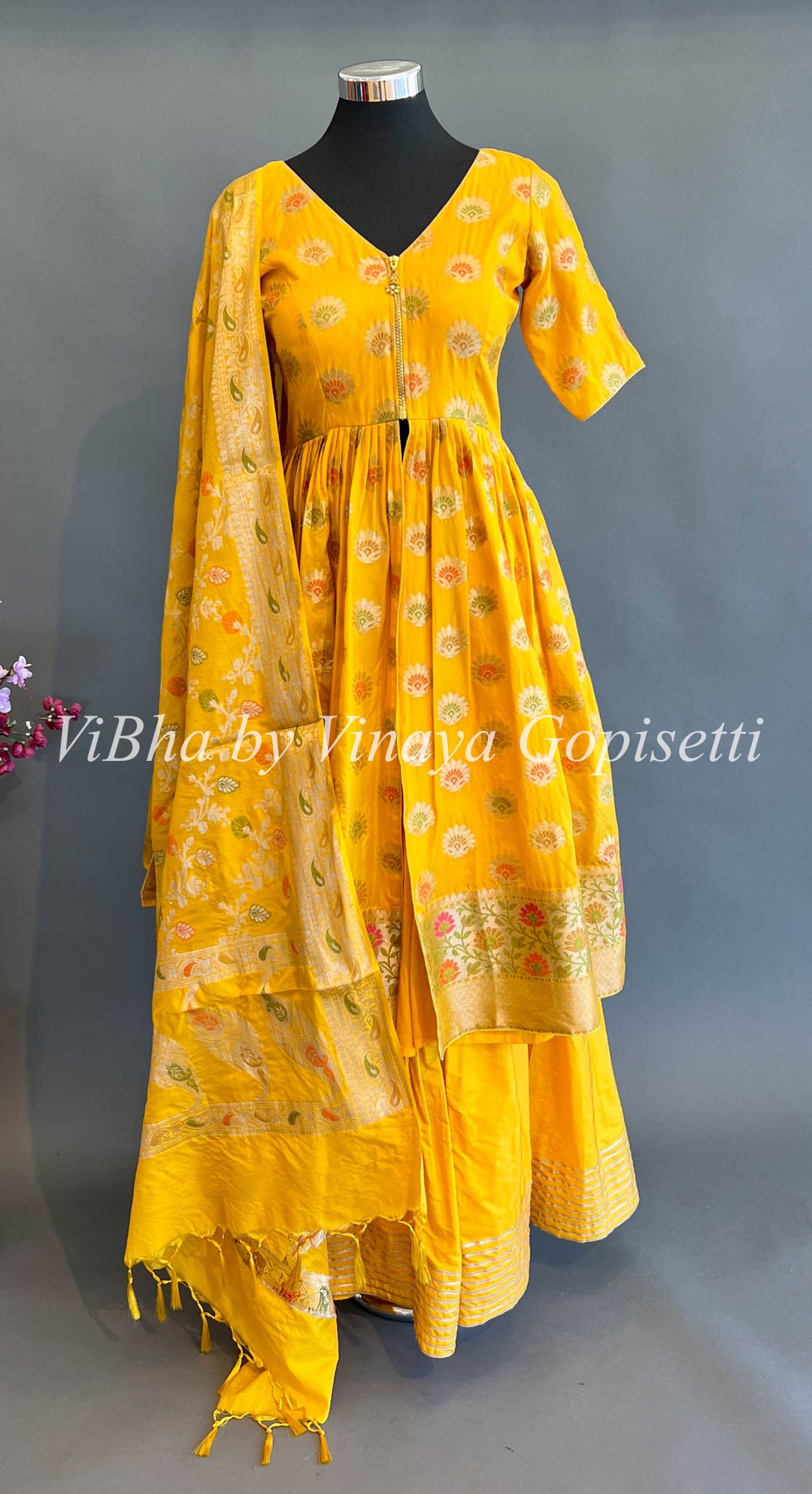 Yellow Benares Silk Front Slit Style Palazzo Set With Dupatta