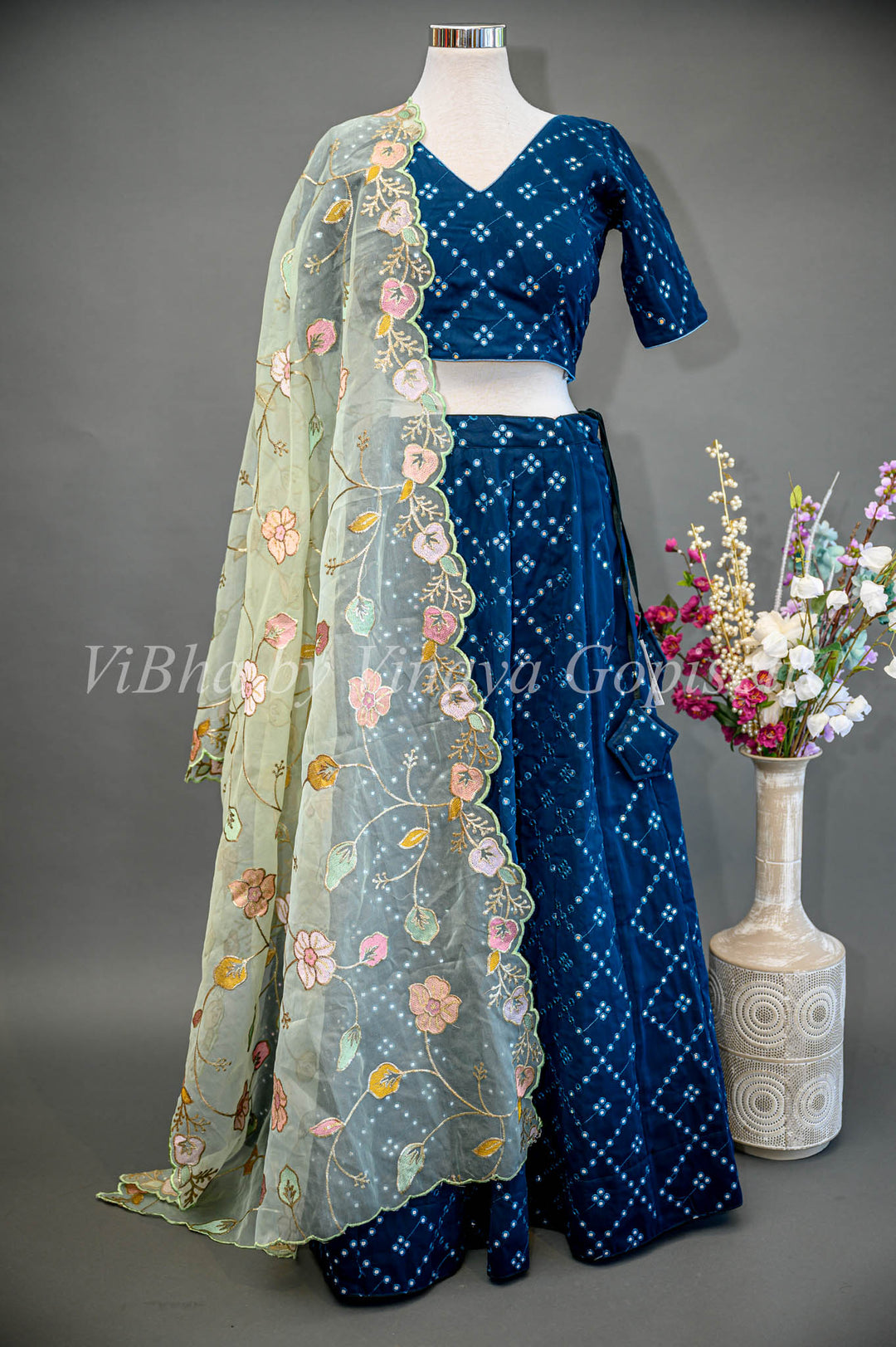 Dark Teal Blue Mirror Embroidered Lehenga