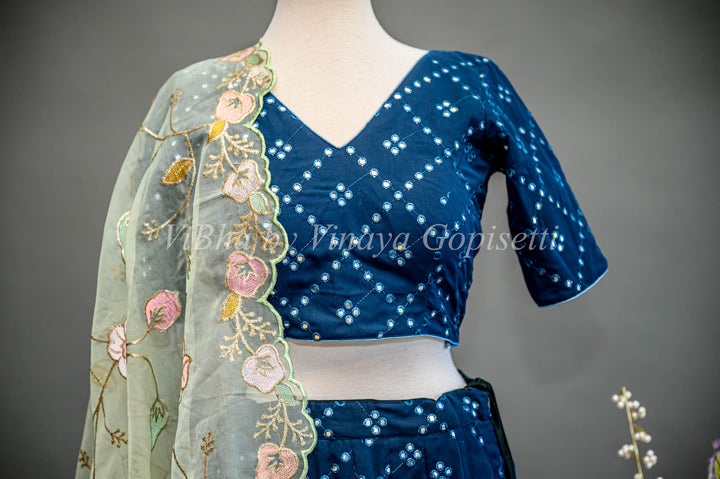 Dark Teal Blue Mirror Embroidered Lehenga Set Teamed With Contrast Floral Organza Dupatta