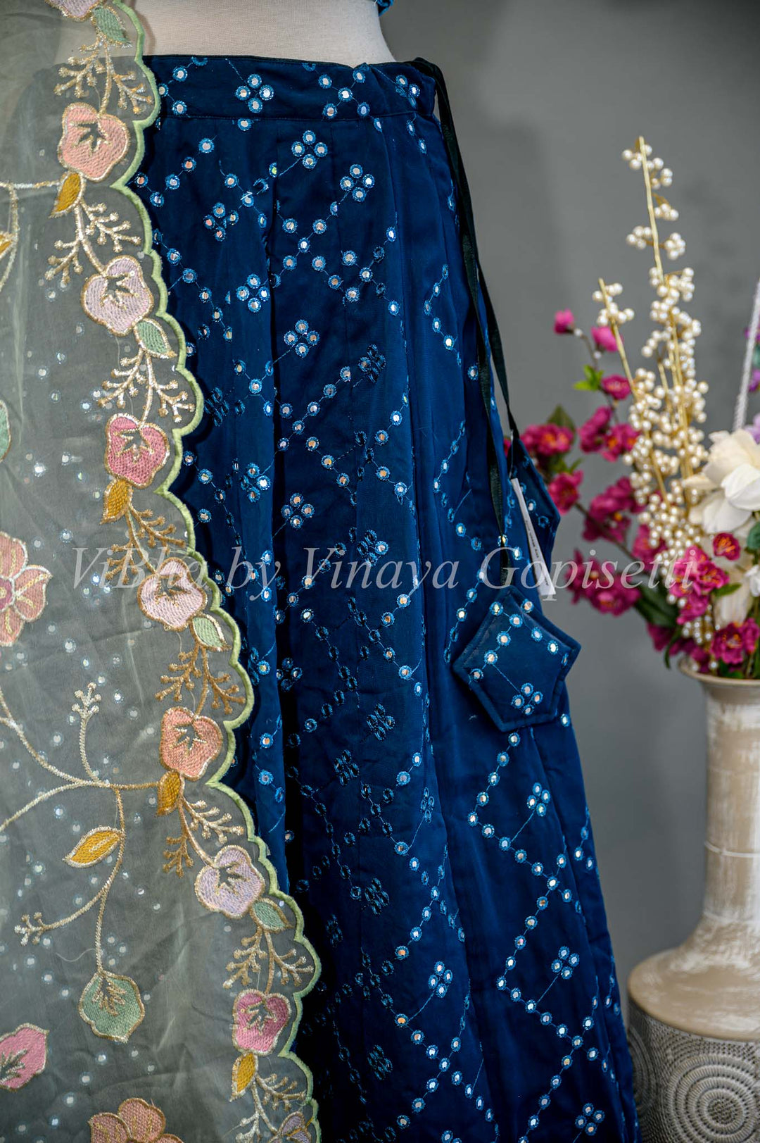 Dark Teal Blue Mirror Embroidered Lehenga Set Teamed With Contrast Floral Organza Dupatta