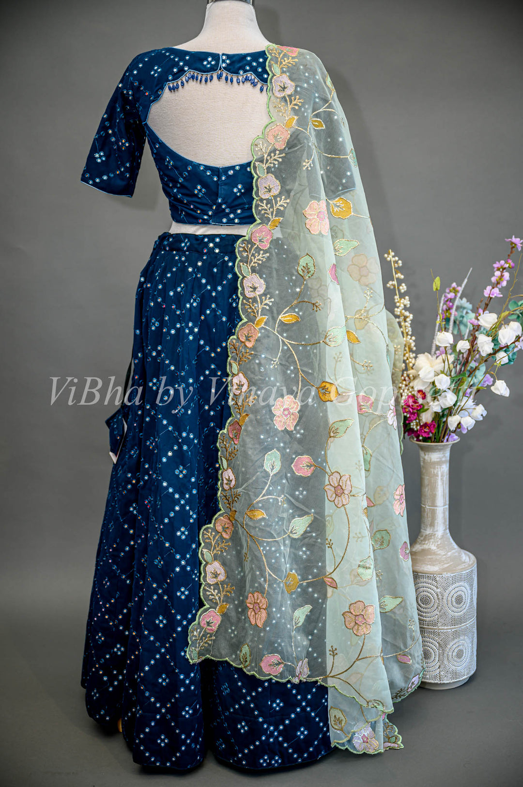 Dark Teal Blue Mirror Embroidered Lehenga Set Teamed With Contrast Floral Organza Dupatta