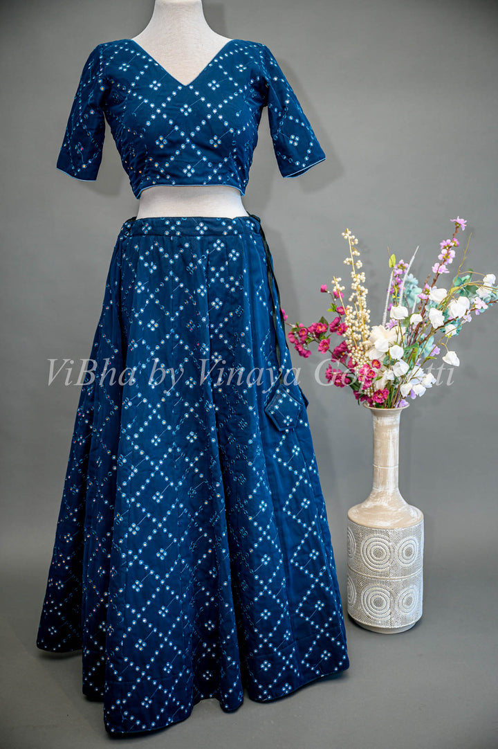 Dark Teal Blue Mirror Embroidered Lehenga Set