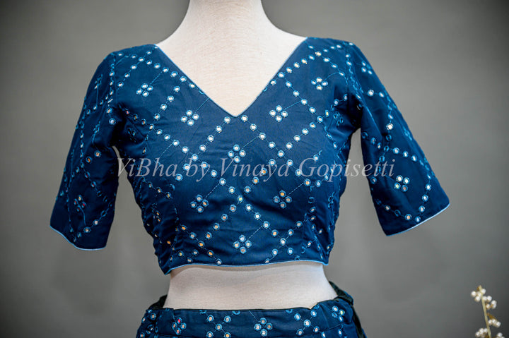 Dark Teal Blue Mirror Embroidered Lehenga Set Teamed With Contrast Floral Organza Dupatta